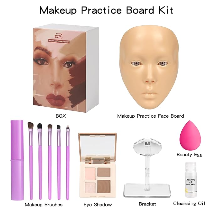 Makeup Practice Mannequin Face, 5d Reusable Silicone Makeup Practice Board Full Face with Makeup Brushes Sponge Set and Eyeshadow Board Makeup Kit for Makeup Artist, Girl's Gift Or Professionals-BrightBean Baby