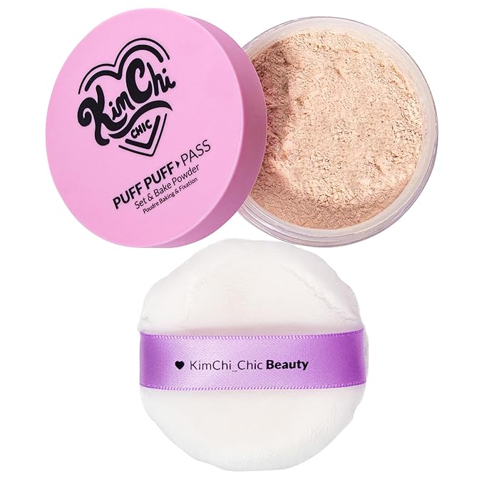 Kimchi Chic Beauty Puff Puff Pass Set and Bake Powder, Loose Face Powder with Extra Fluffy Setting Powder Puff, Soft Natural Face Makeup for Uneven Skin Tone, 03 Translucent-BrightBean Baby