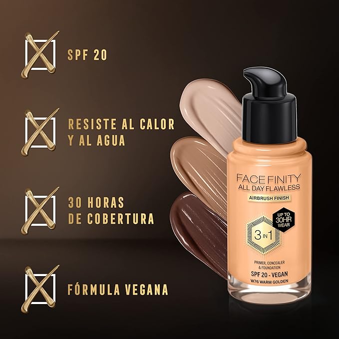Max Factor Facefinity 3-in-1 All Day Flawless Liquid Foundation, SPF 20-76 Warm Golden, 30 ml-BrightBean Baby