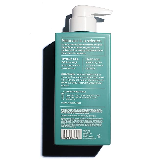 Medix 20% Glycolic Acid Booster + Exfoliating Body Wash Cleanser Skin Care 2PC Set | AHA Exfoliant Body Wash + Body Serum Both Refine + Soften Dead Dry Skin, Bumps, Wrinkles, & Fine Lines, Bundle-BrightBean Baby