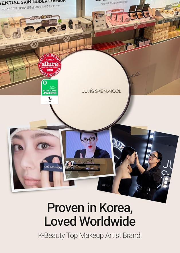 JUNG SAEM MOOL Essential Skin Nuder Cushion 01 Fair 0.98 Fl Oz, Refill Included, SPF 50 Broad Spectrum, Natural Radiant Finish, Lightweight Hydrating Coverage, Korean Cushion Foundation Makeup-BrightBean Baby
