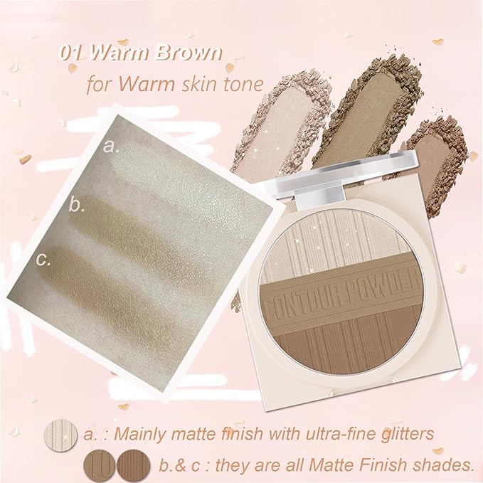 Contour Powder Makeup Palette Matte Shimmer Face Sculpting Shading Silky Smooth Tone Tuning Flawless Pressed Powder Bronzer for Warm Skin Tone, 01 Warm Brown-BrightBean Baby