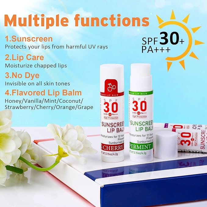 SPF 30 Lip Balm with Sunscreen 8 Pack, Bulk Sunscreen Lip Balm Travel Size, Hydrating Lip Balm with Vitamin E and Coconut Oil- 8 Flavors-BrightBean Baby