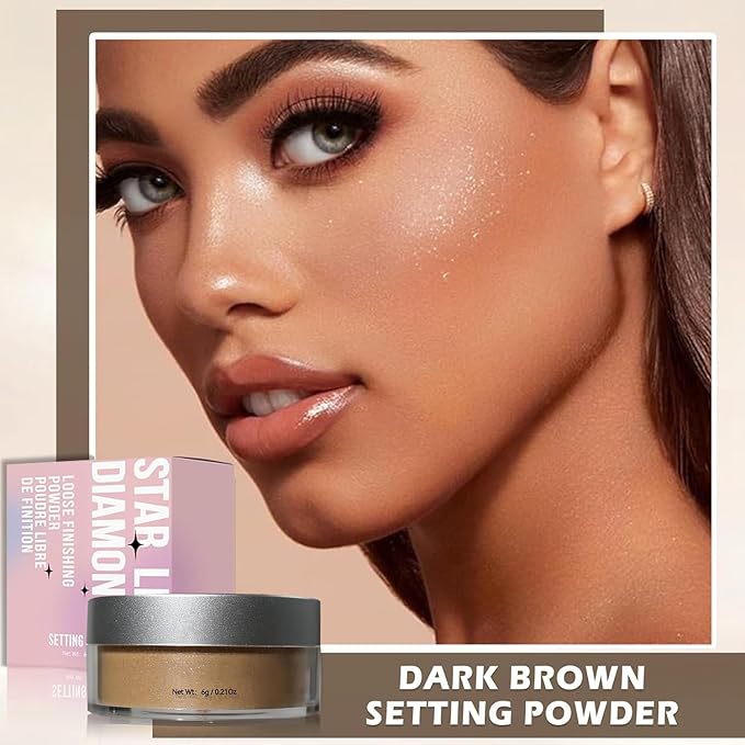Loose Face Powder Setting Powder, Shimmer Glitter Loose Powder, Matte Finishing Powder Shine, Waterproof, Oil Control, Lightweight Face Powder Makeup for All Skin Tones (Dark Brown Shimmer)-BrightBean Baby