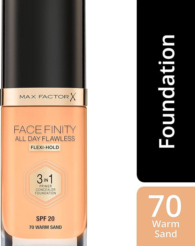 Max Factor Facefinity 3-in-1 All Day Flawless Liquid Foundation, SPF 20-70 Warm Sand, 30 ml-BrightBean Baby