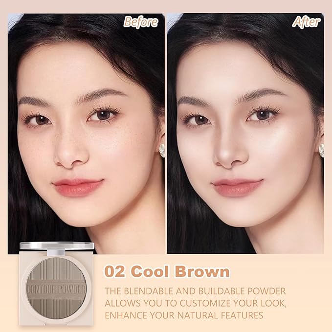Contour Powder Makeup Palette Matte Face Sculpting Shading Silky Smooth Tone Tuning Flawless Pressed Powder Bronzer, 02 Grey Brown-BrightBean Baby