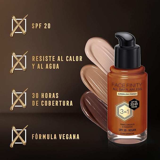 Max Factor Facefinity 3-in-1 All Day Flawless Foundation, SPF 20, Ganache, 30ml-BrightBean Baby
