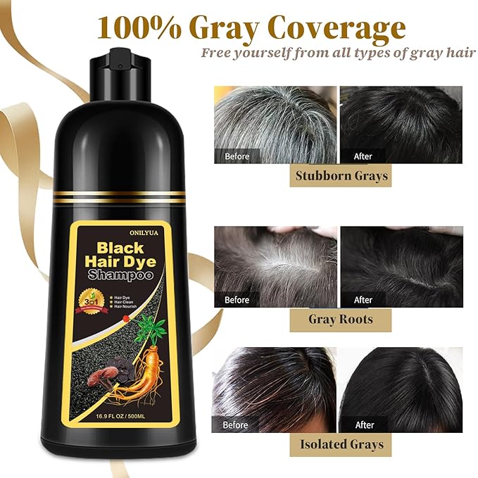 Instant Black Hair Dye Shampoo 3- in-1, 100 Percent Gray Coverage, Magic in 15 Minutes for All Types, Natural Women & Men, Color Depositing Conditioner, Easy to Use-BrightBean Baby