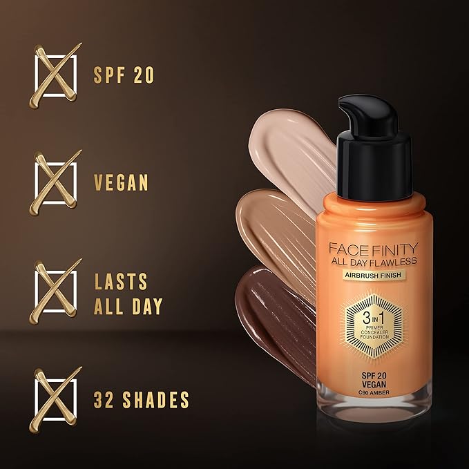Max Factor Facefinity 3-in-1 All Day Flawless Liquid Foundation, SPF 20-90 Amber, 30 ml-BrightBean Baby