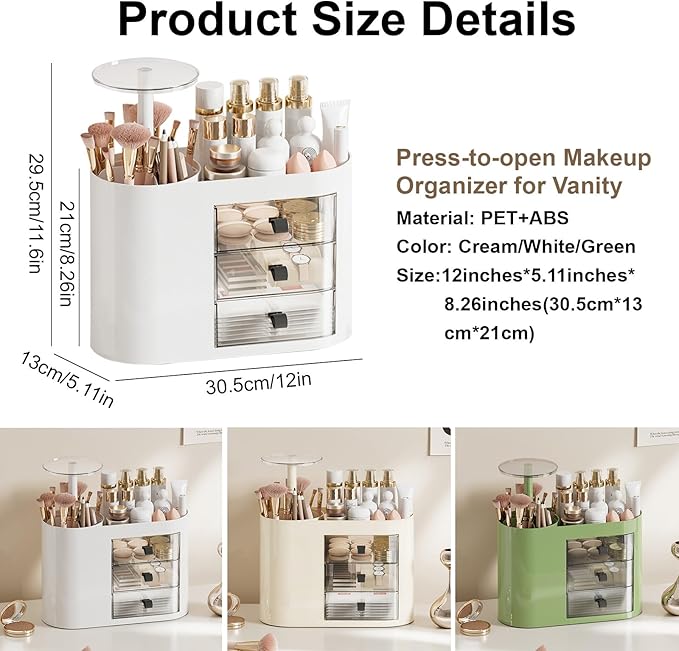 DASITON Makeup Organizer with 3 Drawers,Automatic Lifting Makeup Brush Holder with Lid,Large Capacity Makeup Organizers for Vanity,Bathroom Countertop,Ideal Storage Skin Care,Brushes,Lipstick (White)-BrightBean Baby