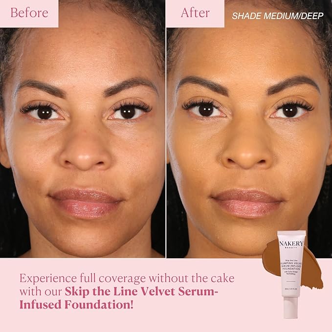 Nakery Skip the Line Full Coverage Foundation for Women - Plumping Velvet Womens Foundation Makeup Matte Finish - Age Defying Foundation - Moisturizing Foundation with Smart Color Adapt - Medium Deep-BrightBean Baby