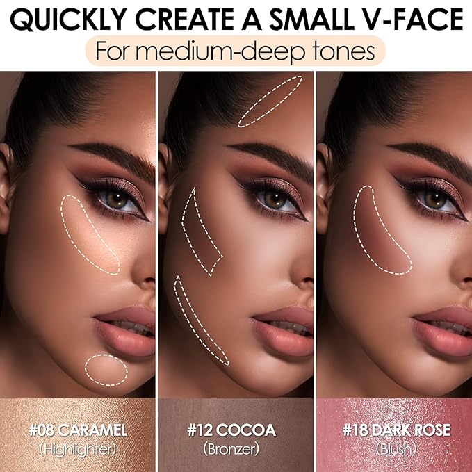 FOCALLURE 3 Pcs Cream Contour Sticks,Shades with Highlighter & Bronzer & Blush,Non-greasy Long-wear Face Contouring Pen,Easy to Sculpt the Face and Create a Lightweight Finishing Makeup,MEDIUM-DEEP-BrightBean Baby