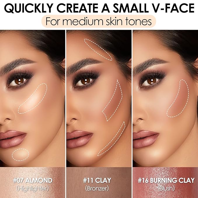 FOCALLURE 3 Pcs Cream Contour Sticks,Shades with Highlighter & Bronzer & Blush,Non-greasy Long-wear Face Contouring Pen,Easy to Sculpt the Face and Create a Lightweight Finishing Makeup,MEDIUM-BrightBean Baby