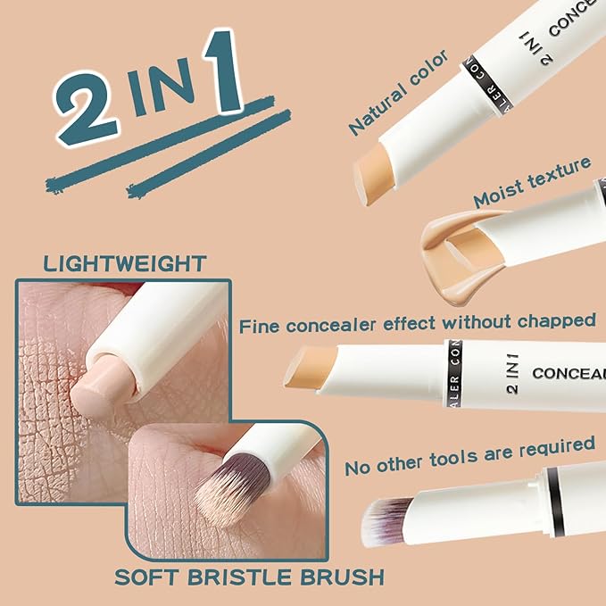 Concealer Stick Full Coverage, Cream Color Corrector Makeup, Dual Ended Conceal Pen with Brush, Waterproof Matte Eraser Dark Circles, Blemish, Pores, Spots Buildable for All Skin Types- Natural-BrightBean Baby