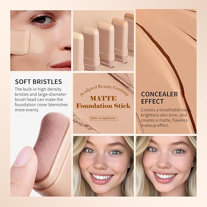 Beauty Balm Serum Boosted Skin Tint, Dual-Ended Eraser Foundation Stick with Brush, Full Coverage Cream Korean Makeup, Long-Lasting Stick for Smooth, Flawless Finish (#1 Cream)-BrightBean Baby