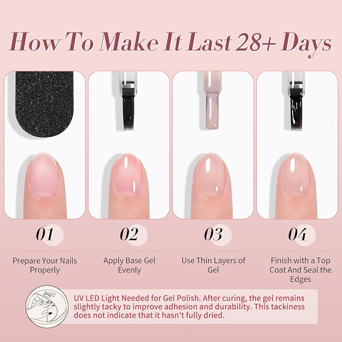 Born Pretty Milky White Jelly Nude Pink Gel Nail Polish Translucent Natural Sheer Pink Soak Off U v Light Cure Gel Polish Kit for Salon and Nail Art DIY at Home 6Colors-BrightBean Baby