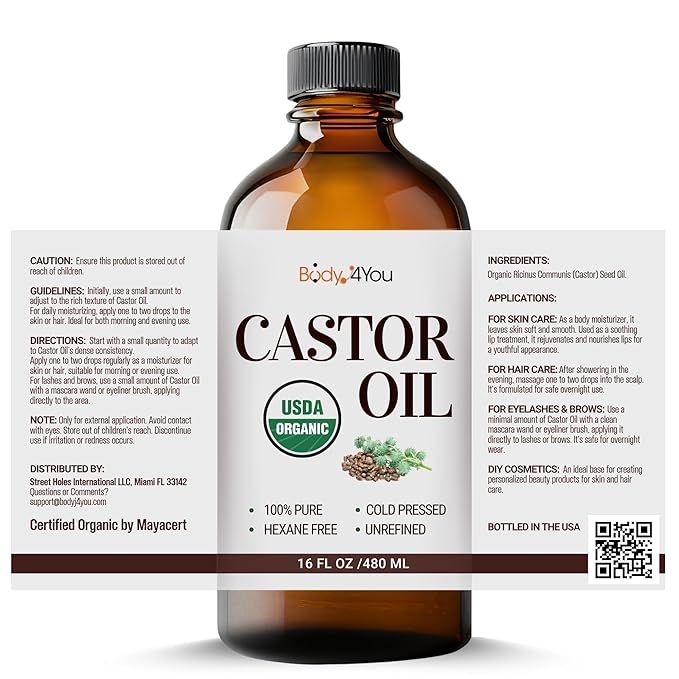 BodyJ4You Castor Oil for Eyelashes Eyebrows - 100% Pure Natural USDA Organic Cold Pressed - Hydrating Skin Hair Growth Oil Lashes Scalp - Non-GMO Hexane Free Unrefined Carrier - Glass Bottle 16 Fl Oz-BrightBean Baby