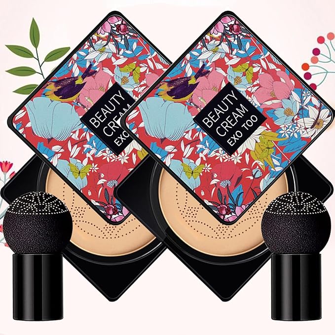 2 Pack Beauty Cream EXO TOO Foundation, Beauty Cream Makeup Base, Moisturizing, Long Lasting Matte Air Cushion CC Cream Concealer with Two Mushroom Head Sponges-BrightBean Baby