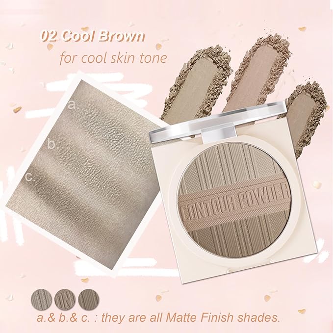 Contour Powder Makeup Palette Matte Face Sculpting Shading Silky Smooth Tone Tuning Flawless Pressed Powder Bronzer, 02 Grey Brown-BrightBean Baby
