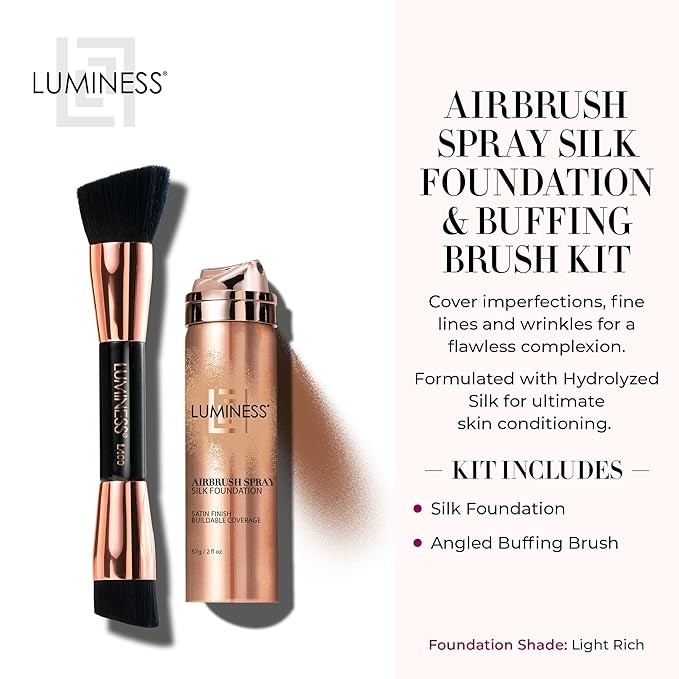 LUMINESS Silk Airbrush Spray Foundation & Buffing Brush Kit – Full Coverage Foundation & Dual-Sided Buffing Brush - Buildable Coverage, Anti-Aging Formula Hydrates & Moisturizes (Shade - Light Rich)-BrightBean Baby