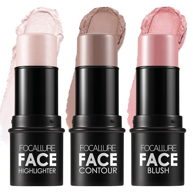 FOCALLURE 3 Pcs Cream Contour Sticks,Shades with Highlighter & Bronzer & Blush,Non-greasy Long-wear Face Contouring Pen,Easy to Sculpt the Face and Create a Lightweight Finishing Makeup,FAIR-LIGHT-BrightBean Baby