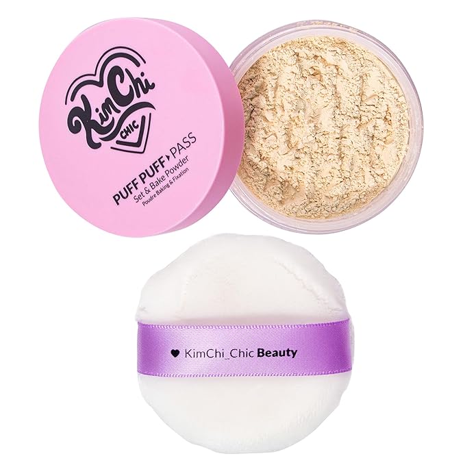 Kimchi Chic Beauty Puff Puff Pass Set and Bake Powder, Loose Face Powder with Extra Fluffy Setting Powder Puff, Soft Translucent Face Makeup for Uneven Skin Tone, 02 Banana-BrightBean Baby