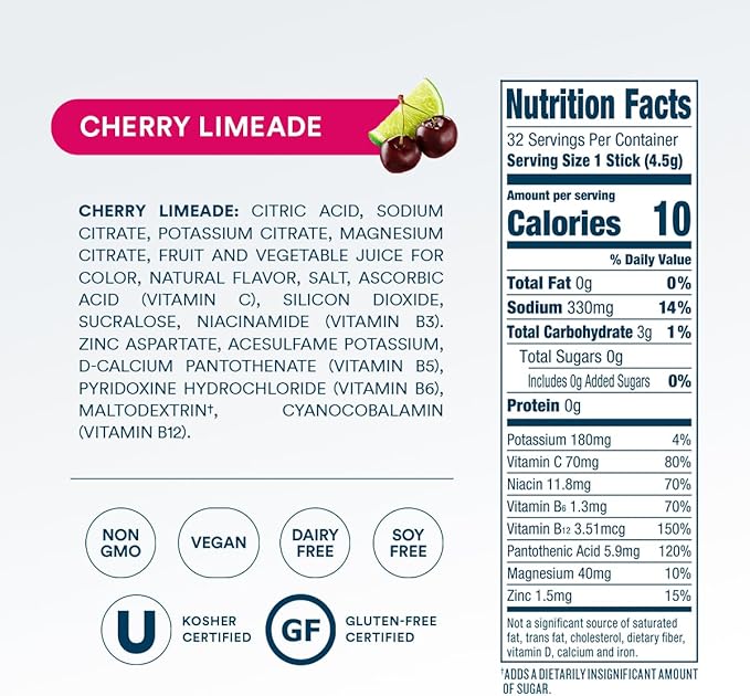 DripDrop Sugar Free Hydration Packets - Zero Cherry Limeade - Single Serve Electrolytes Powder Drink Mix - Non-GMO, Gluten Free, Vegan - 32 Sticks
