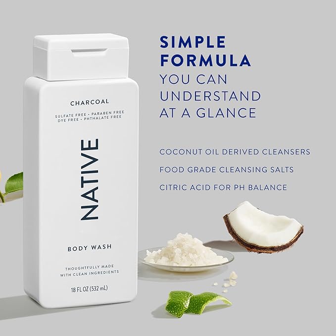Native Body Wash Contains Naturally Derived Ingredients | For Women & Men, Sulfate, Dye, & Paraben Free Leaving Skin Soft and Hydrated | Charcoal 18 oz - 2 Pk-BrightBean Baby
