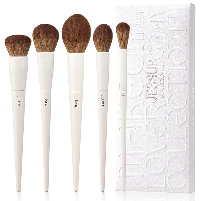 Jessup Makeup Brush Set 5Pcs Face Makeup Brushes Vegan Soft Foundation Brush Blush Brush Bronzer Contour Brush Highlighter Brush Fluffy Setting Powder Brush, Light Grey T493-BrightBean Baby