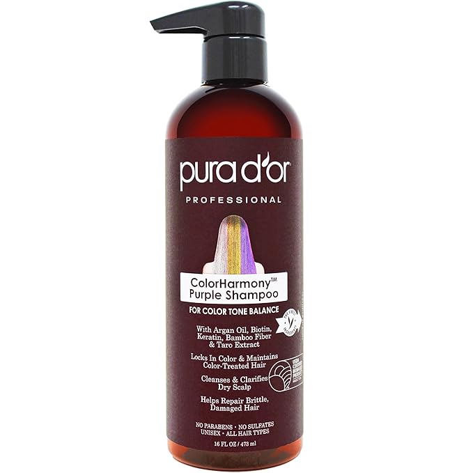 PURA D'OR 16 Oz ColorHarmony Purple Shampoo For Bleached, Blonde, Silver & Color Treated Hair - Keratin, Bamboo Fiber, No Sulfates, Select Natural Ingredients - Men & Women-BrightBean Baby