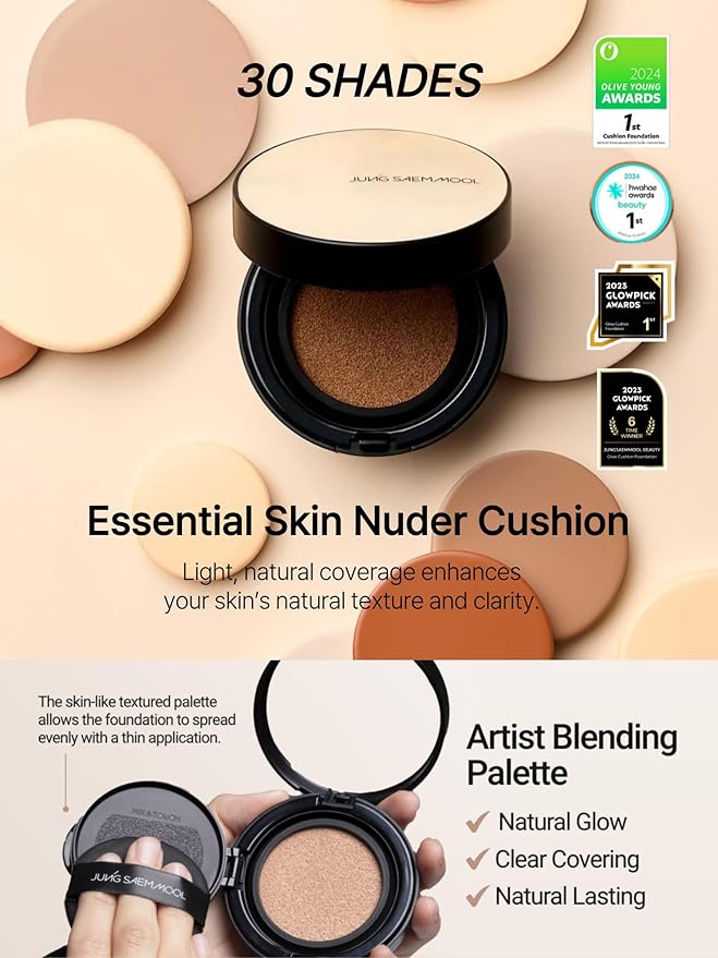 JUNG SAEM MOOL Essential Skin Nuder Cushion 25N Bronze 0.49 Fl Oz, No Refill, Natural Radiant Finish Cushion Foundation with Buildable Coverage, Lightweight Texture, Korean Foundation Makeup-BrightBean Baby