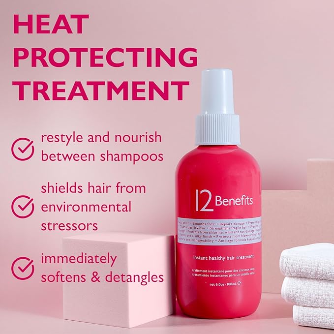 12 Benefits Leave-In Conditioner Spray – Instant Healthy Hair Treatment, Anti-Frizz, Detangles, Strengthens & Repairs, Heat Protection with Quaternium 39 & Silk Fibre Protein, 6 Fl Oz-BrightBean Baby