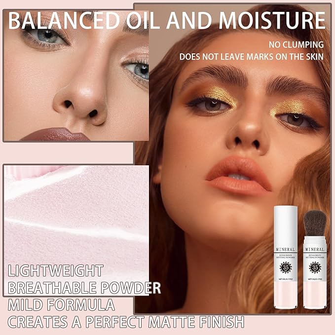 Mineral Sunscreen Setting Powder, SPF 35 Translucent Loose Powder, Mineral Brush Powder, Oil Control Natural Matte Finish, Lasting Lightweight Breathable for All Skin (#04 Pink Complexion)-BrightBean Baby