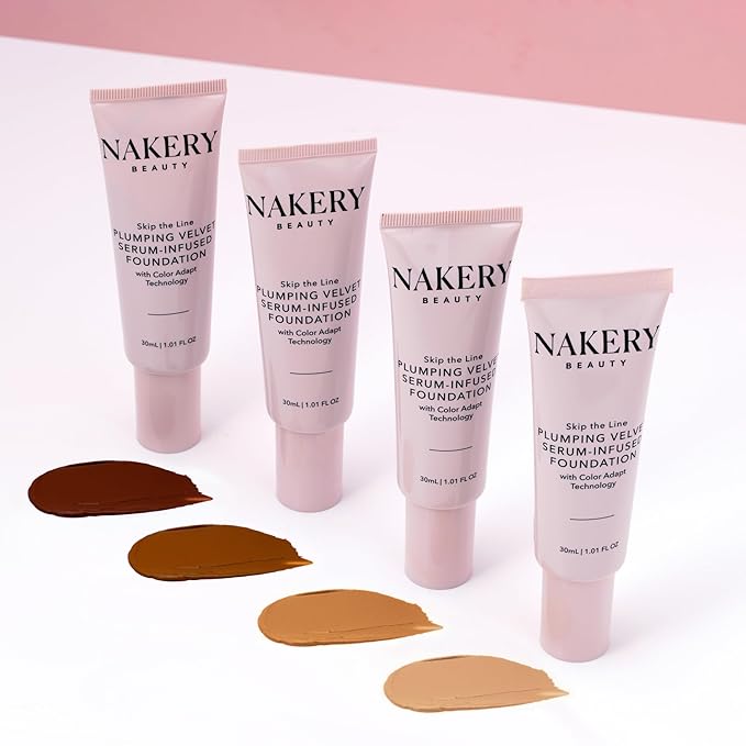 Nakery Skip the Line Full Coverage Foundation for Women - Plumping Velvet Womens Foundation Makeup Matte Finish - Age Defying Foundation - Moisturizing Foundation with Smart Color Adapt - Medium Deep-BrightBean Baby