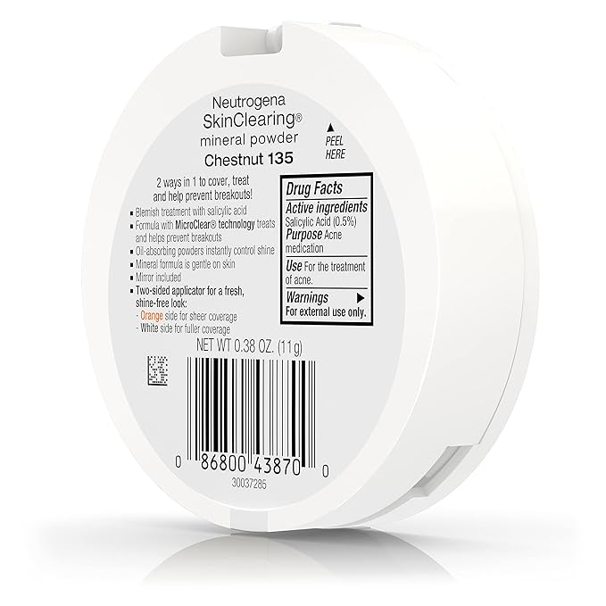 Neutrogena SkinClearing Mineral Acne-Concealing Pressed Powder Compact, Shine-Free & Oil-Absorbing Makeup with Salicylic Acid to Cover, Treat, & Prevent Breakouts, Chestnut 135,.38 oz-BrightBean Baby