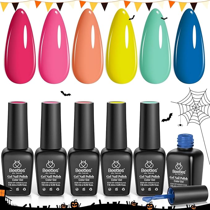 Beetles Gel Nail Polish Set, 6 Colors Bright Rainbow Nail Art Orange Blue Pink Green Neon Gel Polish Kit Soak Off UV Gel DIY Nail Art for Women Pool Party Holiday Manicure-BrightBean Baby
