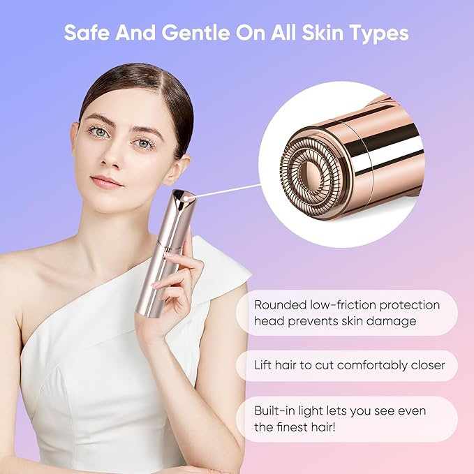 Facial Hair Remover for Women, Painless Womens Facial Hair Remover with 2 Replacement Heads, Lipstick-Sized, USB Rechargeable, Facial Hair Remover for Upper Lip,Chin,Peach Fuzz,Mustache