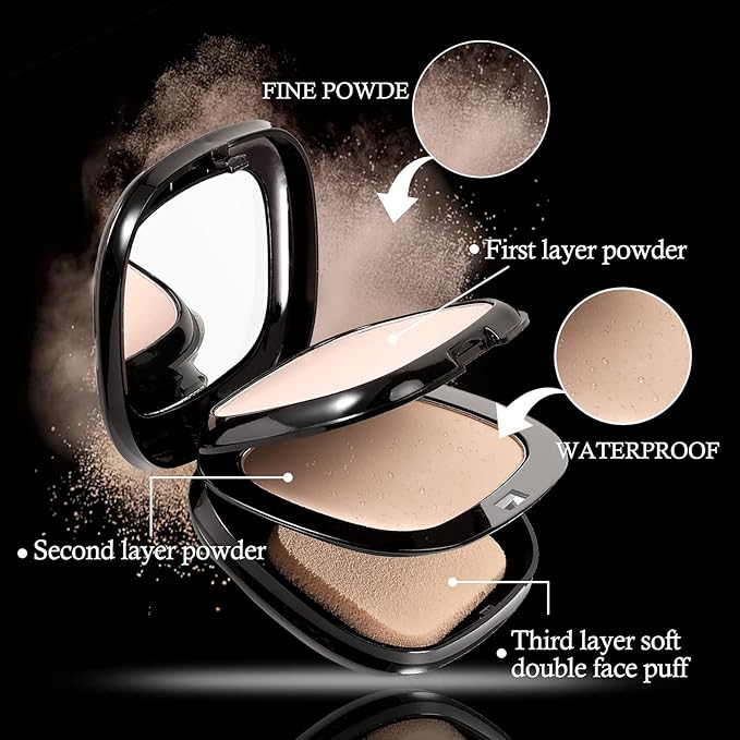 Boobeen 2 Layers Setting Pressed Powder Makeup Oil Control Setting Powder Foundation Pressed Face Powder Compact Long-Lasting Matte Finishing Powder, Light Shade Powder Flawless Lightweight-BrightBean Baby