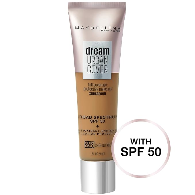 Maybelline Dream Urban Cover Flawless Coverage Foundation Makeup, SPF 50, Cafe Au Lait-BrightBean Baby