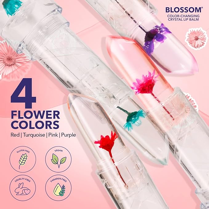 Blossom Moisturizing Custom Color Changing Crystal Lip Balm Strawberry Scented Lip Stain Tint, Mini Coconut Rollon Scented Lip Gloss, Infused with Real Flowers, 2 pk, Coconut/Purple-BrightBean Baby