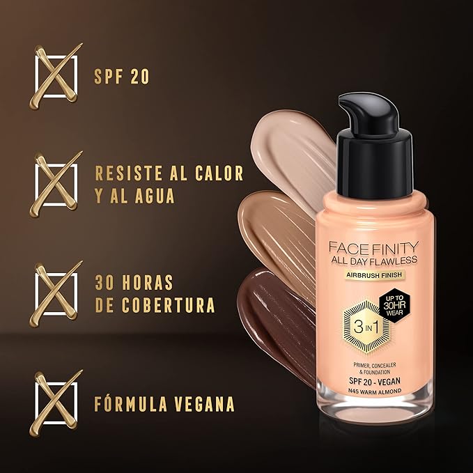 Max Factor Facefinity All Day Flawless 3 In 1 Foundation SPF 20, No. 45 Warm Almond-BrightBean Baby