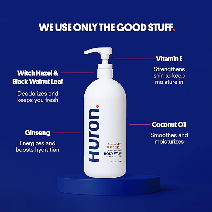 Huron Men’s Moisturizing Body Wash - Clean & Woody Scent of Sandalwood, Black Pepper, Cedarwood, & Amber - Made With Coconut Oil, Vitamin E & Witch Hazel - Vegan, Cruelty-Free - 32 fl oz-BrightBean Baby