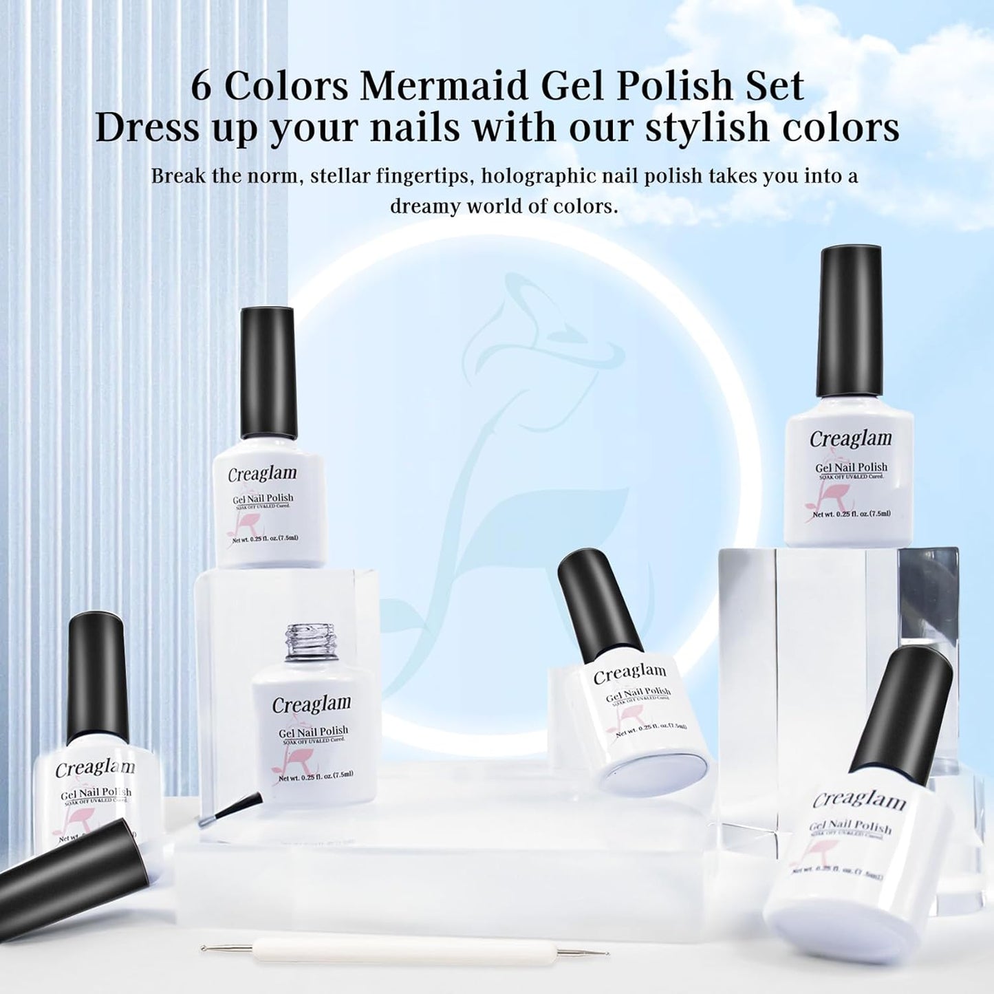 Mermaid Gel Nail Polish Set: 6 Colors - Pastel Pink, White, Orange, Blue, Pearl Gel with Swirl Shell Design - Uv Led Summer Nail Gel Polish DIY Swirl Shell Thread Effect for Girls-BrightBean Baby