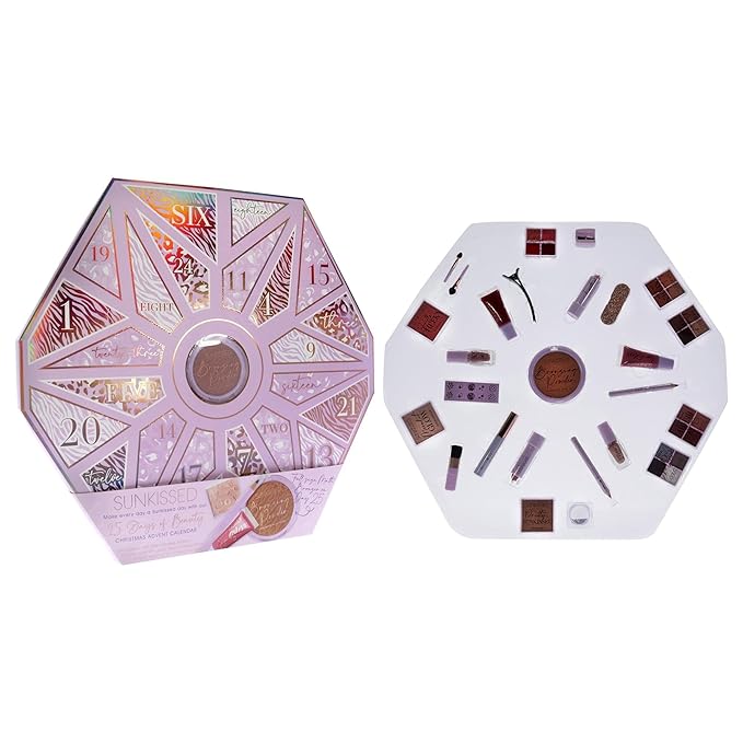 Sunkissed Christmas 25 Days of Beauty - Face, Lips and Eye Makeup - 2 Nail Polishes and 3 Cosmetic Brush Applicators - Vegan Formula - 25 Makeup Products and Accessories - 1 pc Gift Set-BrightBean Baby