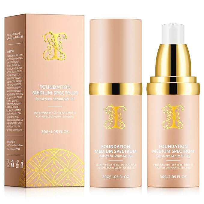 Colour Changing Foundation Liquid 4 in 1, Oil-free BB Cream Makeup, Hydrating Longwearing & Waterproof Concealer, SPF 50+ Makeup Base Nude Face, Foundation Medium Spectrum for all Skin(2PCS)-BrightBean Baby