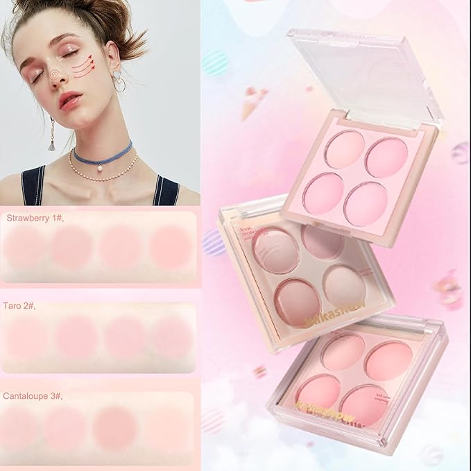 Matte Blush Powder Palette, Blending Mood Cheek, 4 Blendable Shades Korean Fairy Pink Blusher in Lightweight Smooth Powder, Vegan Makeup (Strawberry 1#, 1.84 ounces)-BrightBean Baby