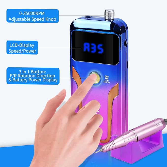 Portable Nail Drill Professional 35000 RPM, MOCOWIND Rechargeable Electric Nail File Machine for Acrylic Nails Gel Polishing Removing, Cordless E-File with Bits for Manicure Salon Home, Blue & Purple-BrightBean Baby