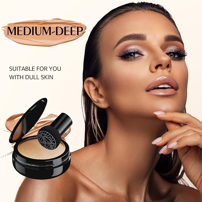 Mushroom Head Air Cushion CC Cream Foundation - Moisturizing & Long-Lasting BB Cream Concealer Makeup Base for All Skin Types, Brighten Long - Lasting Even Color Correcting Concealer (Medium Deep)-BrightBean Baby