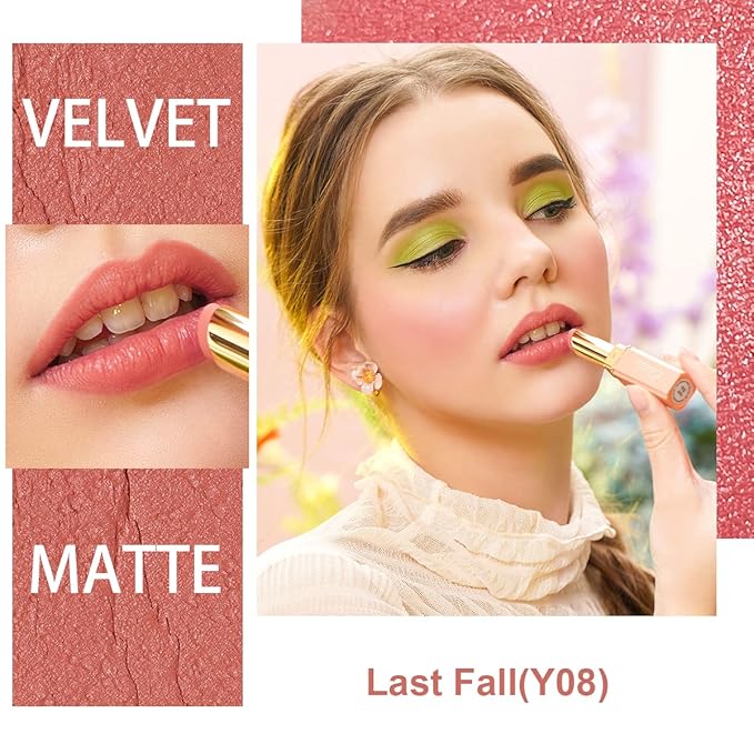 Oulac Nude Matte Lipstick for Women, Lipstick & Blush Duo, Peach Creamy Soft Satin Finish Lipsticks, Moisturising Formula, Rich Color Lightweight Lip Balm, Rose Oil, Vegan & Cruelty-Free| 3.6g (Y08)