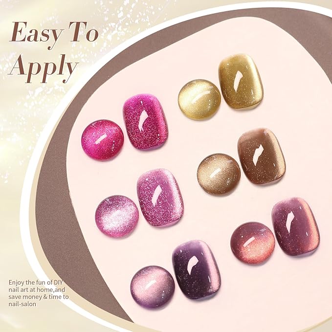 Born Pretty Cat Magnetic Eye Gel Nail Polish, Fall Winter Jelly Glass Magnetic Gel Polish, Purple Brown Pink Nude Glitter Soak Off Nail Art Salon Manicure Home Gift 7ml 6pcs-BrightBean Baby